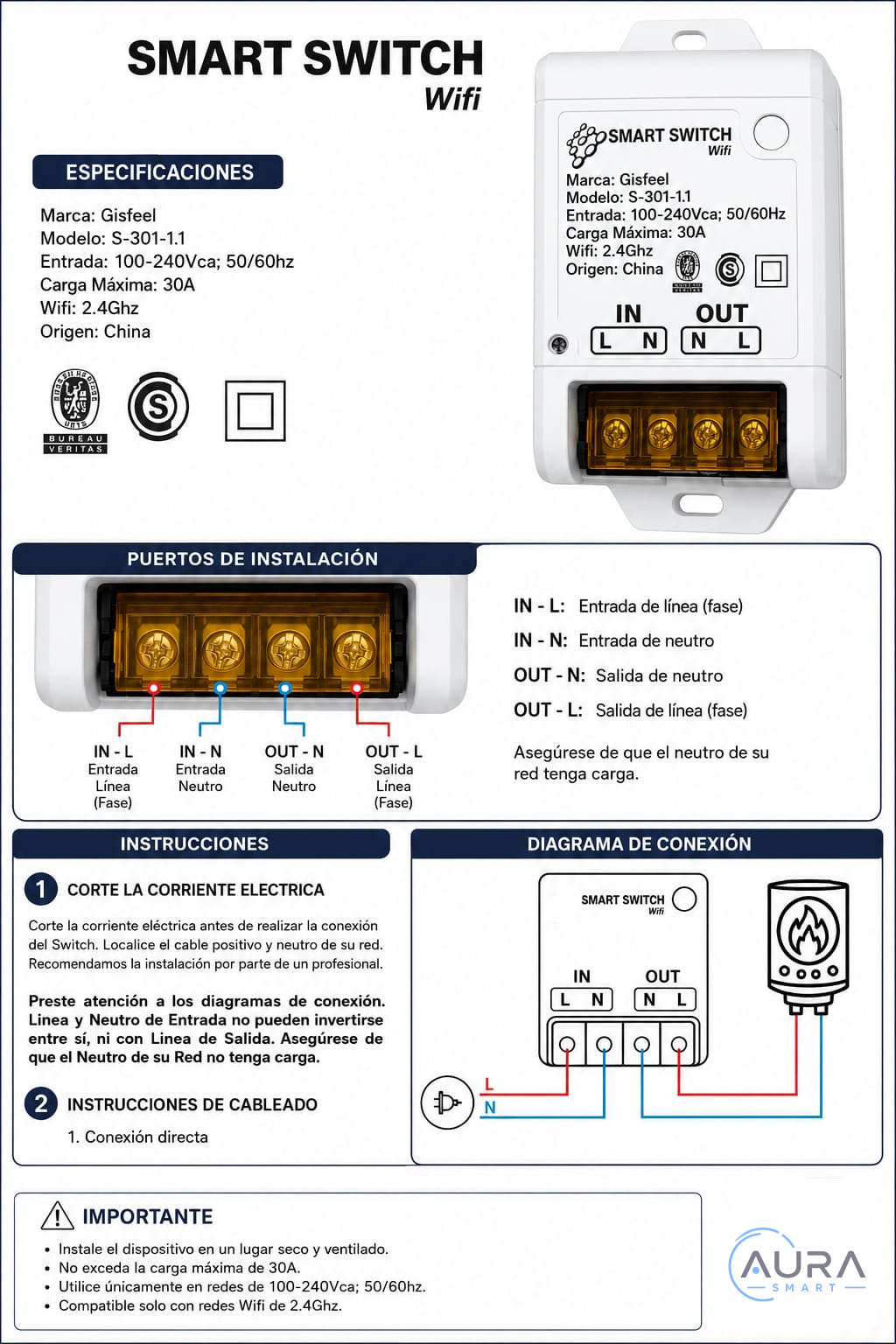 Switch Smart 30a Wifi Programable Ahorro Energía